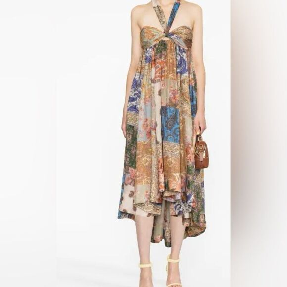 Zimmermann Devi Mixed Print Halter Neck Silk Dress - Patch Paisley Sz 0P / US 2 - Picture 1 of 9